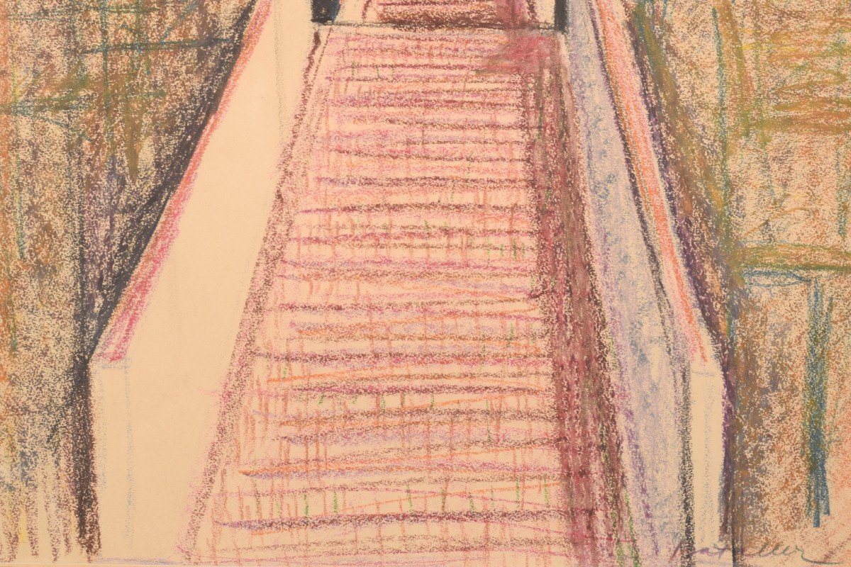 Moderniste - Dessin En Couleur d'Une église Et d'Un Escalier-photo-1