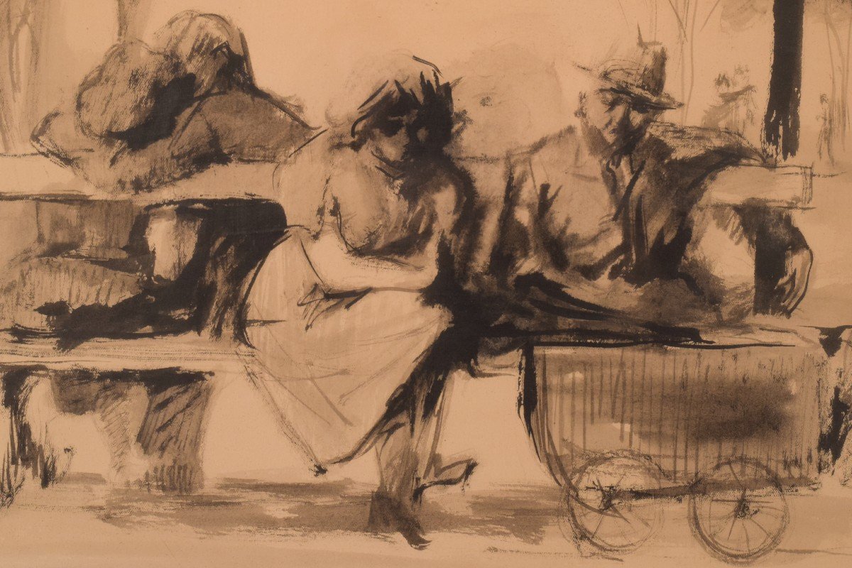 Pedro Leitao - Watercolour Figures On Bench-photo-3