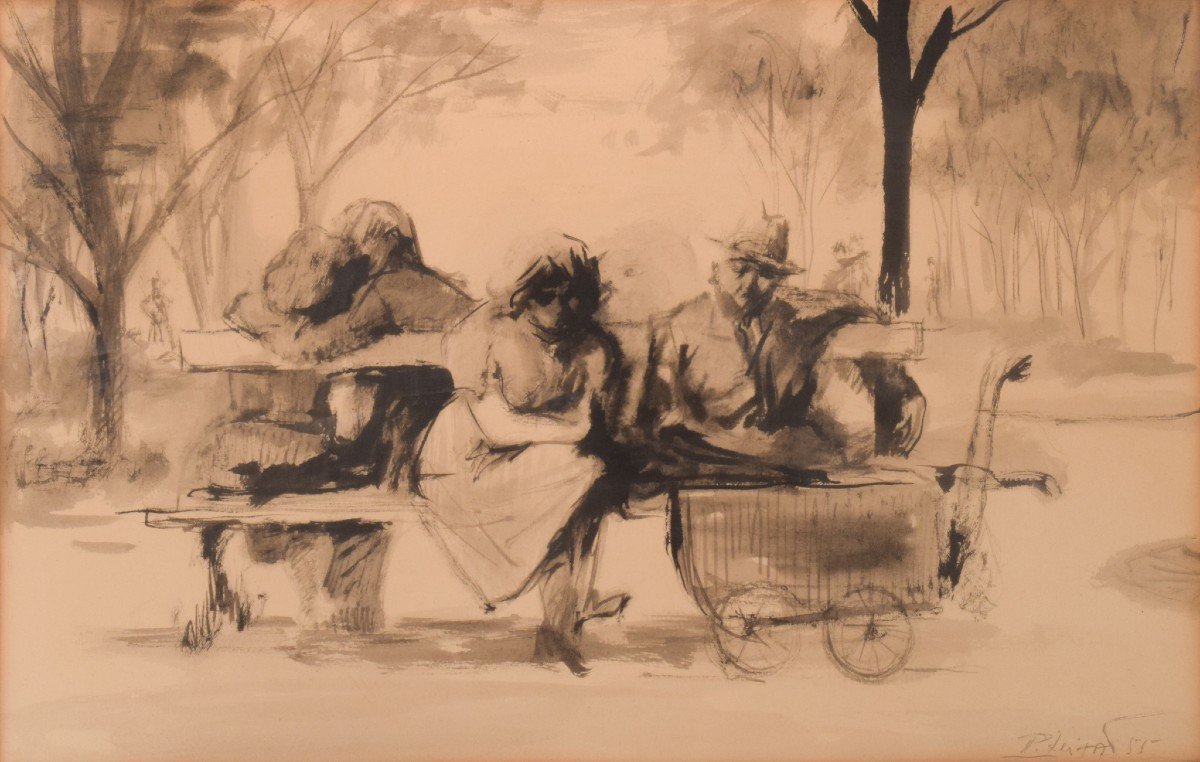 Pedro Leitao - Watercolour Figures On Bench