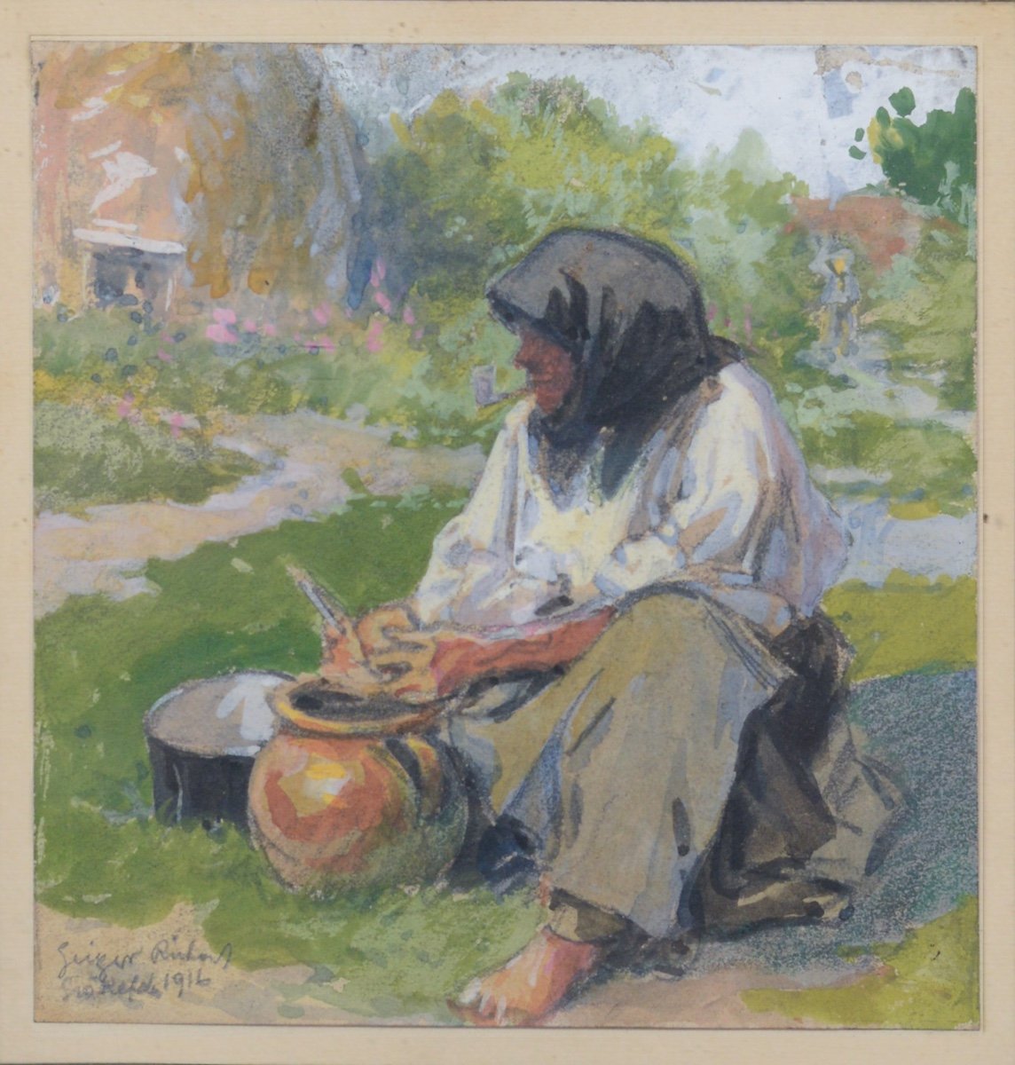 Peasant Woman Smoking A Pipe While Working - Framed Watercolor