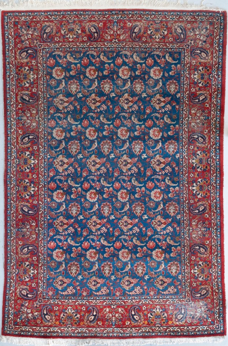 Tapis Mashhad Avec Fleurs Et Oiseaux - Grand - Vintage