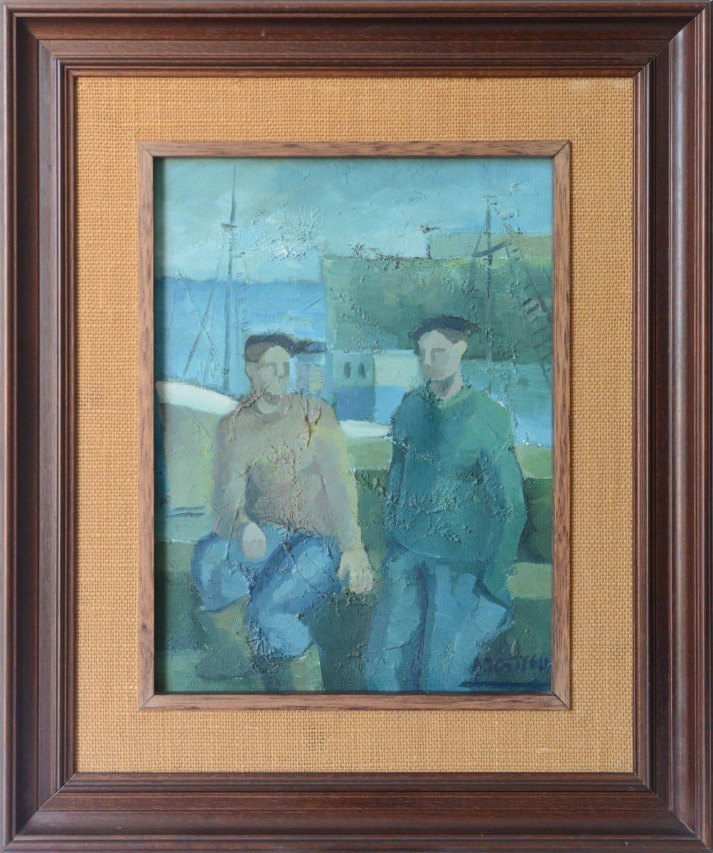 Two Fishermen - Oil Influenced By Cubism - Jose Ramon Arostegui-photo-2