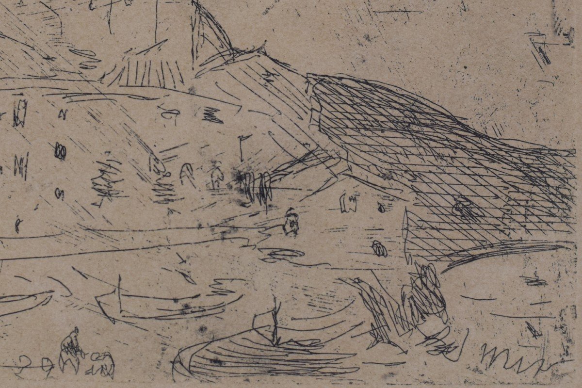 Joaquin Mir Trinxet - Fishing Village - Etching, 1929-photo-1