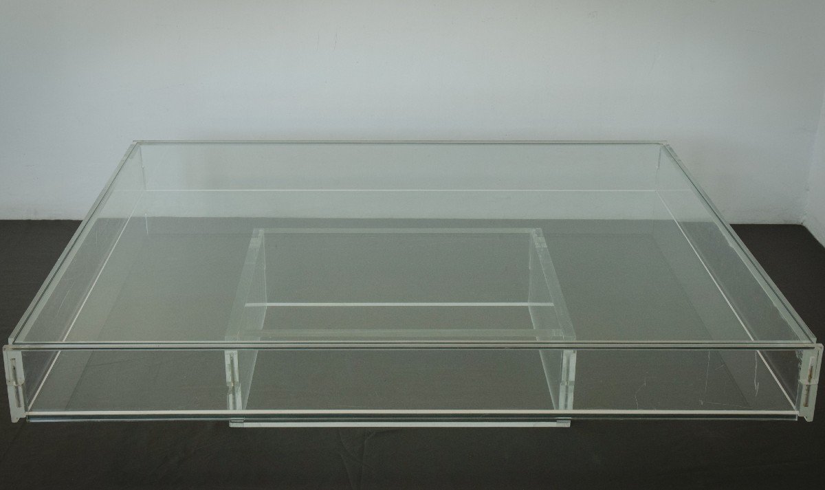 Large Modernist - 70s Glass And Perspex - Coffee Table-photo-2