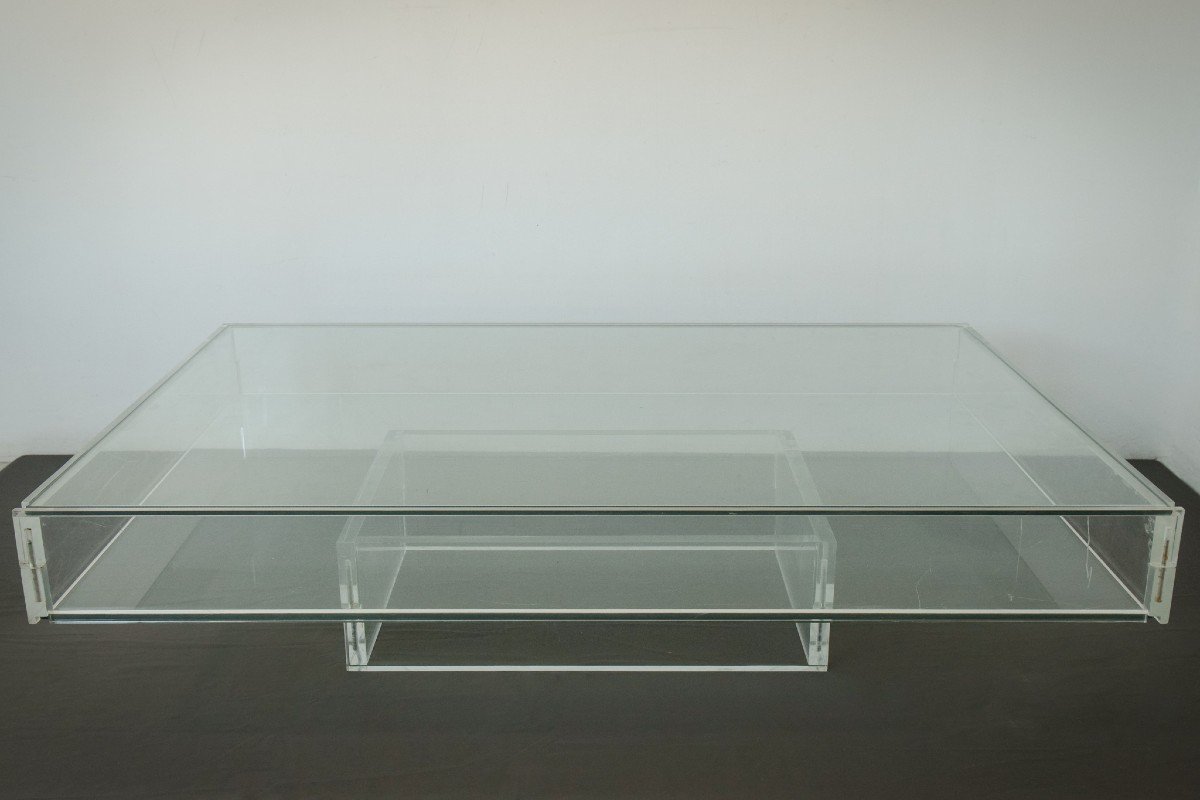 Large Modernist - 70s Glass And Perspex - Coffee Table