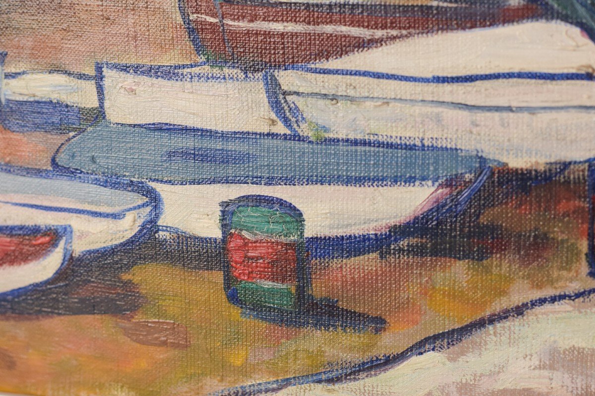 Fishing Village With Boats - Oil On Board-photo-4