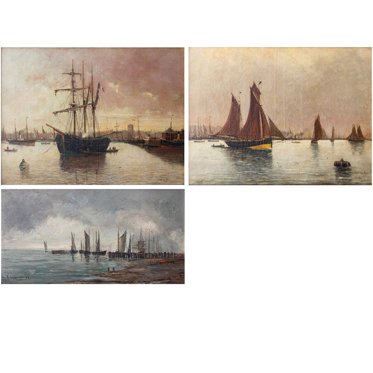 Collection De Trois Peintures Marines Du XIXe Siècle - Divers Artistes