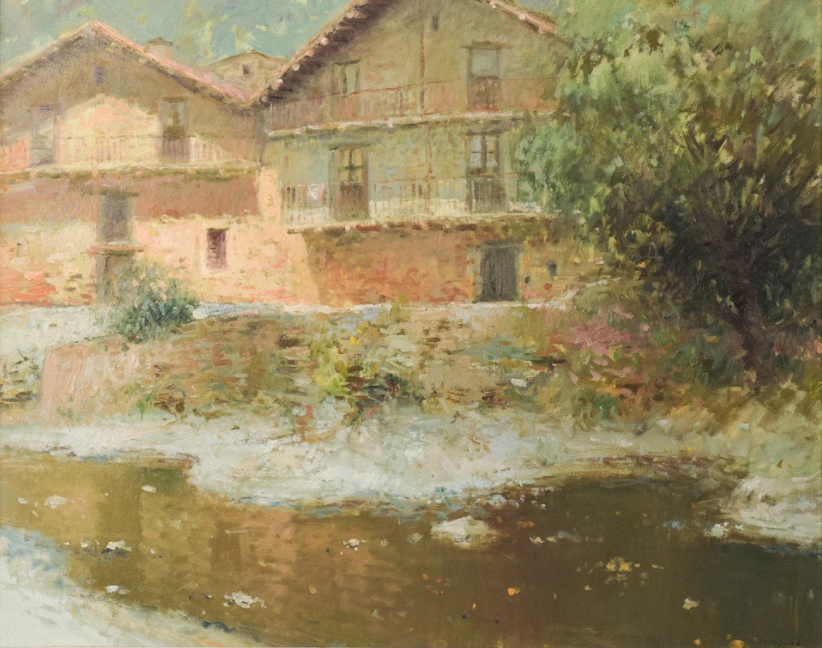 Joan Ramon Palau Junca - Impressionist Painting With River And Chalets