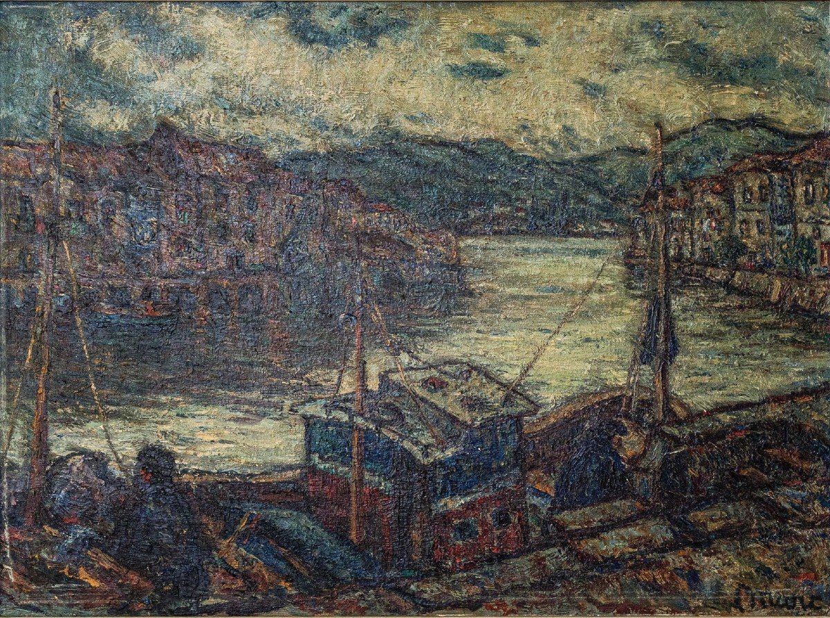 Huile Impressionniste Atmosphérique Signée - Barges Dans Un Port