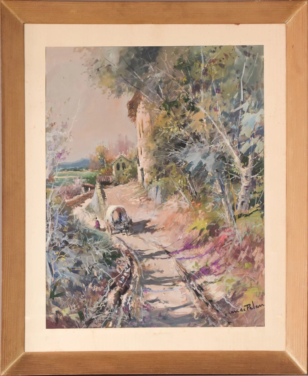 Juan De Palau Buixo - Large Watercolour Landscape With Cart-photo-2