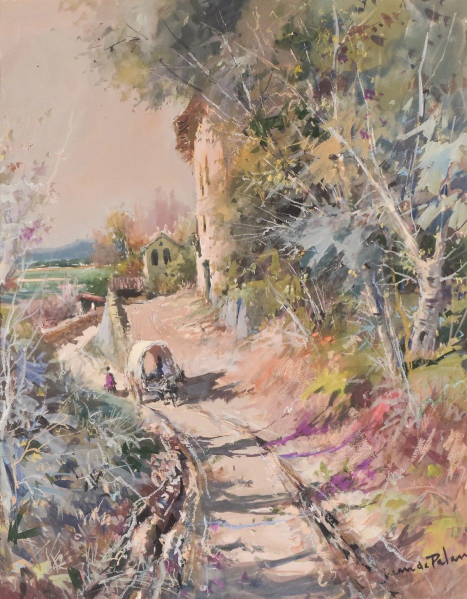 Juan De Palau Buixo - Grand Paysage à l'Aquarelle Avec Charrette