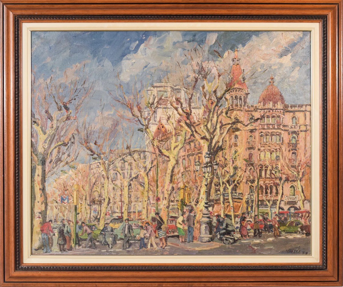 Barcelona Street Scene, Passeig De Gràcia. Plaça De Catalunya' - Oil On Canvas-photo-2