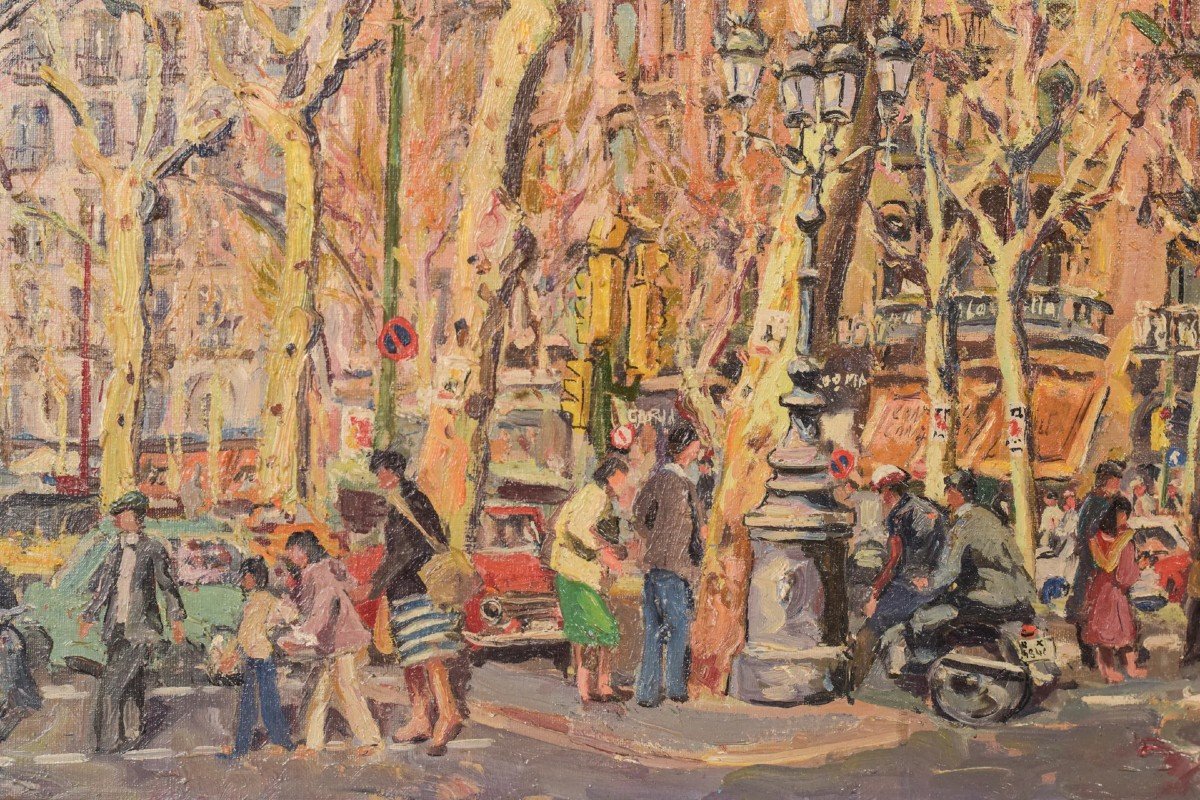 Barcelona Street Scene, Passeig De Gràcia. Plaça De Catalunya' - Oil On Canvas-photo-4