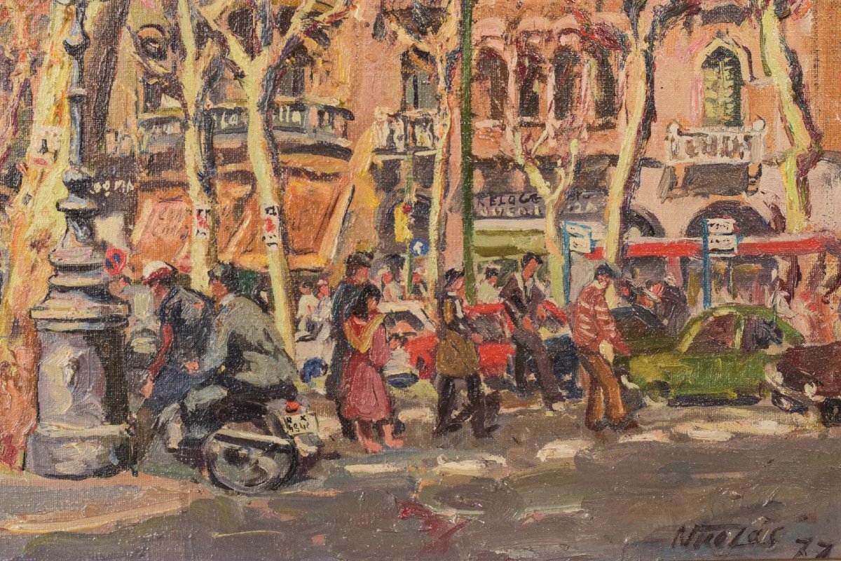 Barcelona Street Scene, Passeig De Gràcia. Plaça De Catalunya' - Oil On Canvas-photo-1