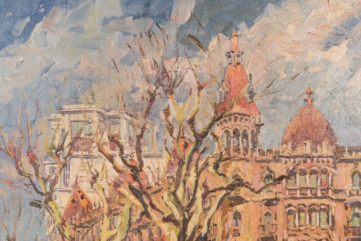 Barcelona Street Scene, Passeig De Gràcia. Plaça De Catalunya' - Oil On Canvas-photo-3