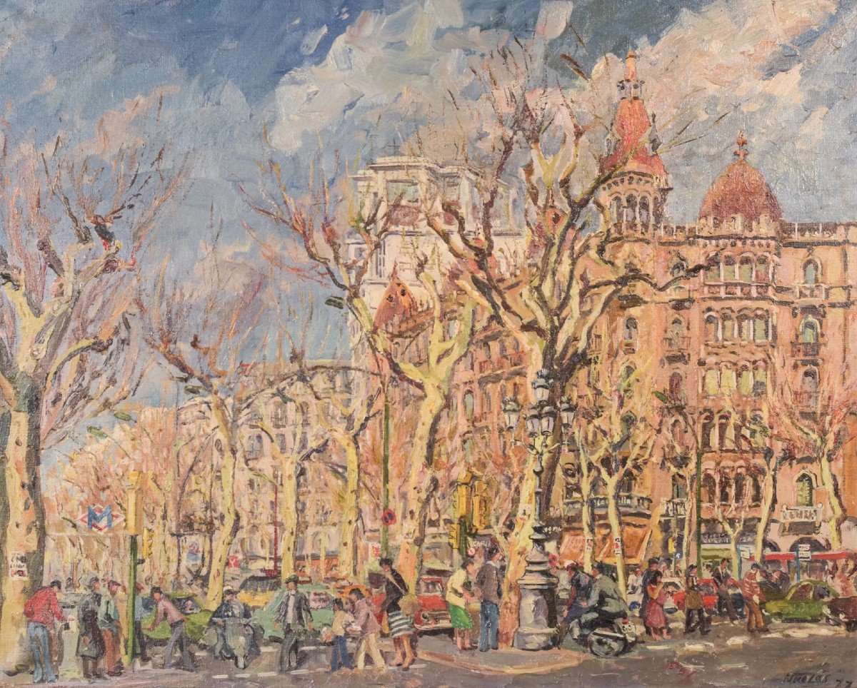 Barcelona Street Scene, Passeig De Gràcia. Plaça De Catalunya' - Oil On Canvas