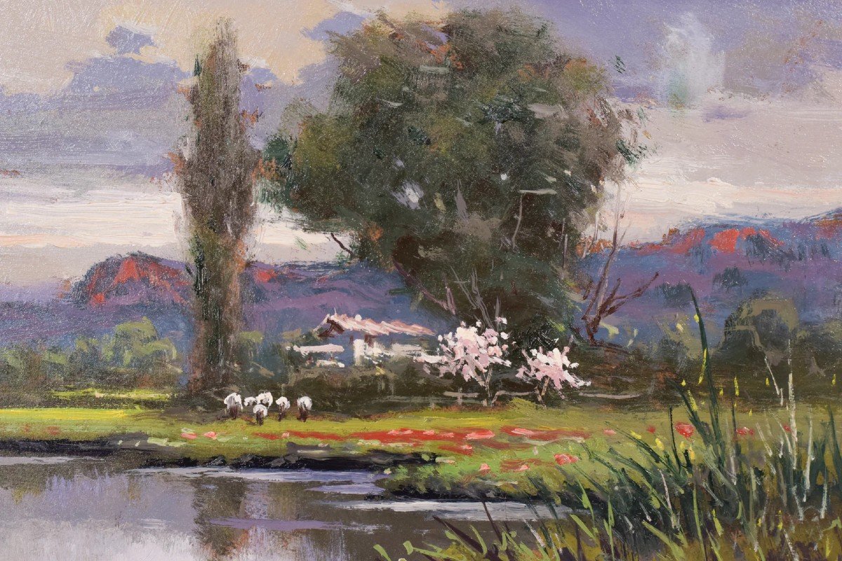 Landscape With Red Flowers - Oil On Board-photo-3