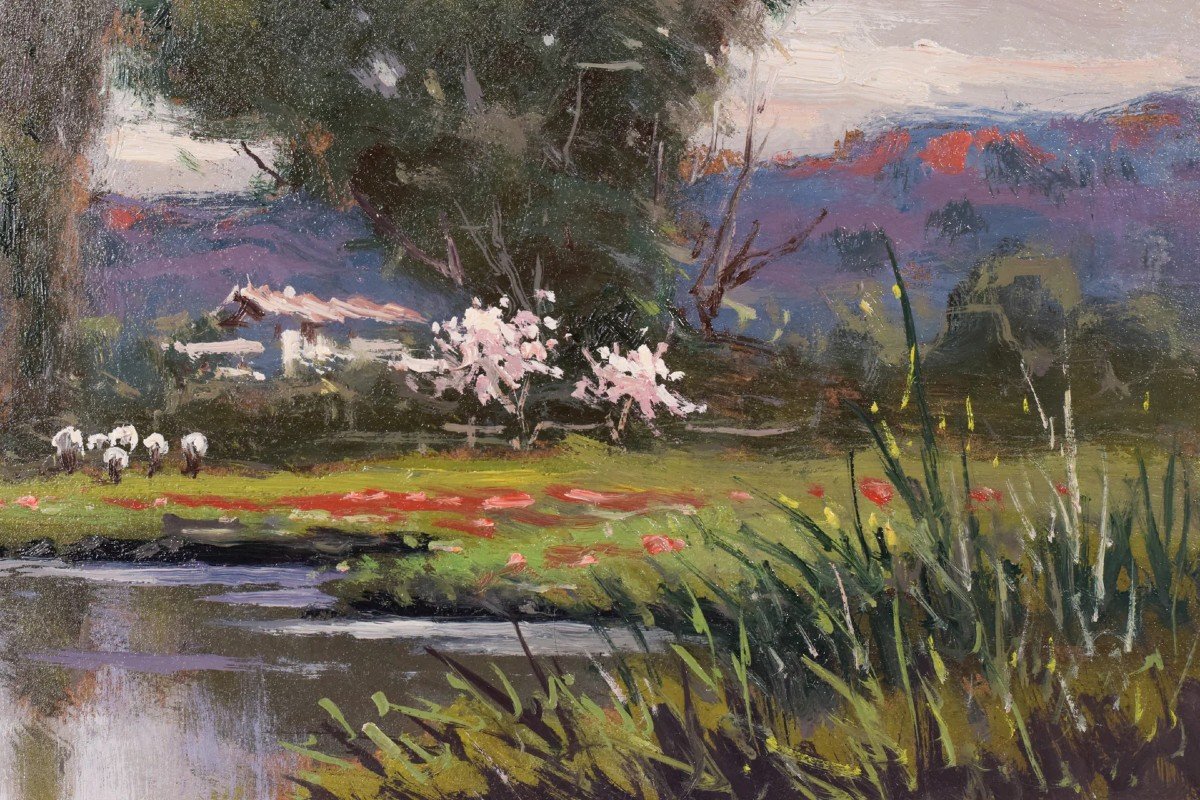 Landscape With Red Flowers - Oil On Board-photo-4