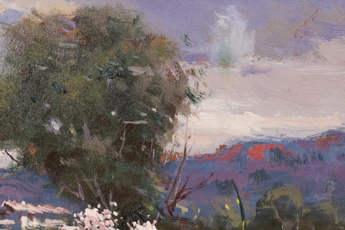 Landscape With Red Flowers - Oil On Board-photo-1