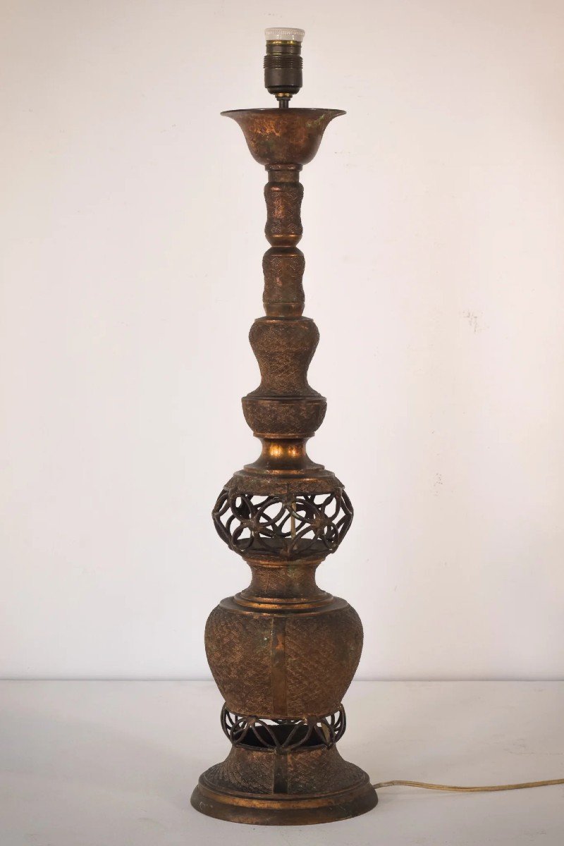 Oriental Style Patinated Brass - Lamp Stand-photo-5