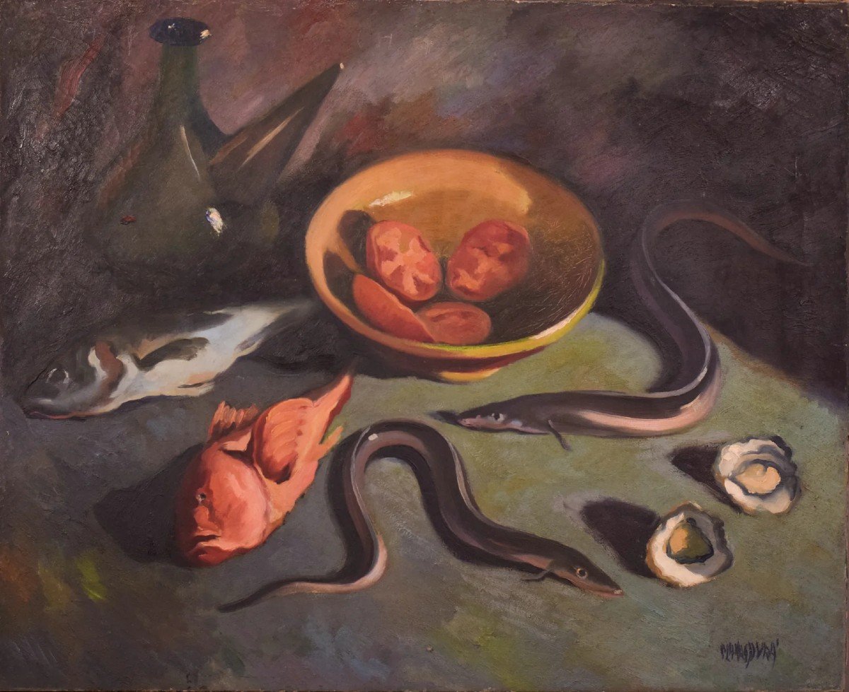 Enric Planasdura - Large Still Life Study Of Fish And Oysters