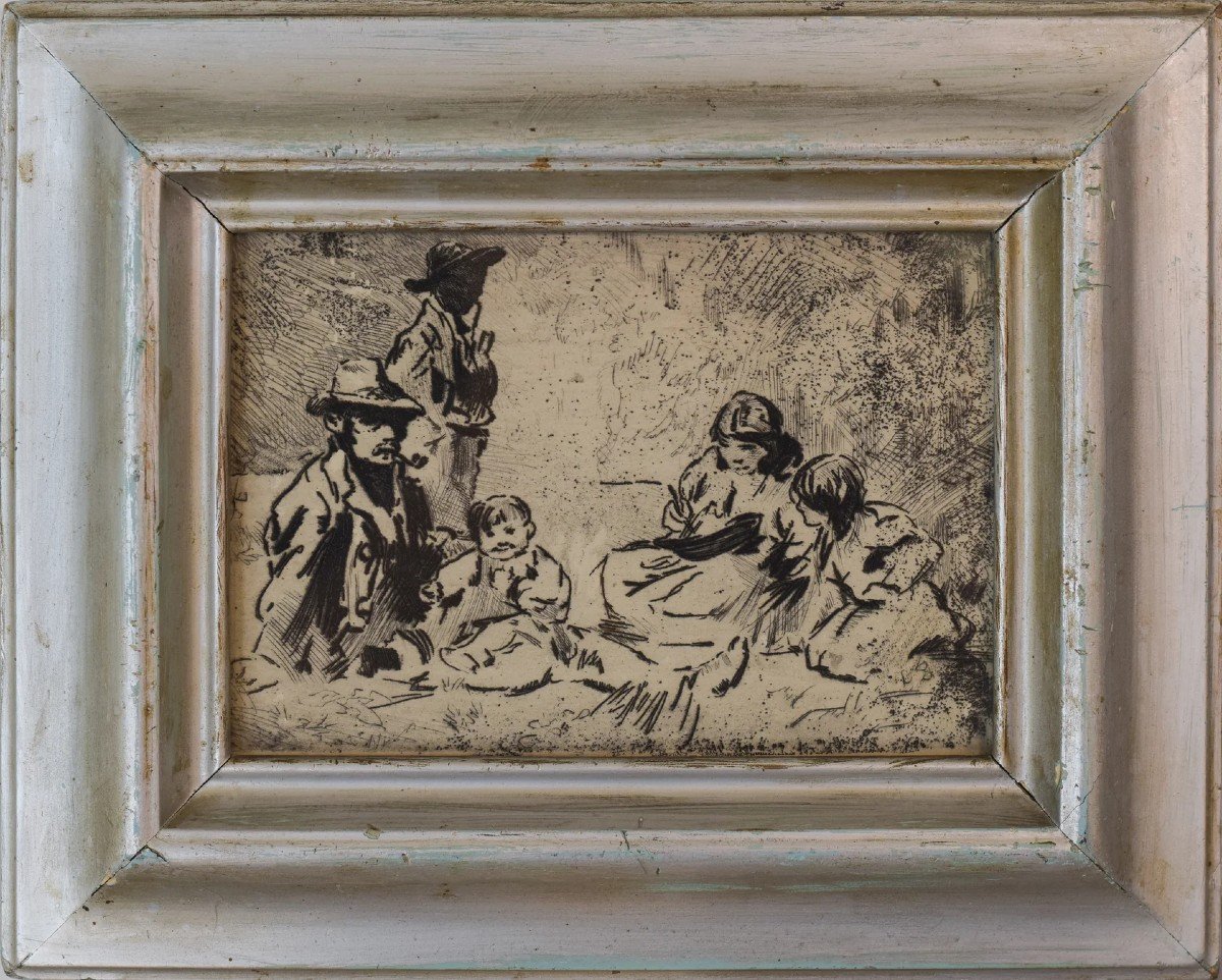 Two Figures In A Field With Children - In On Paper-photo-2