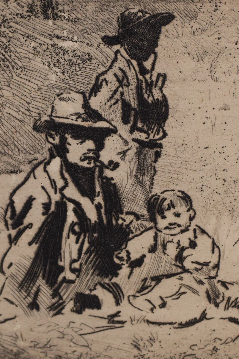 Two Figures In A Field With Children - In On Paper-photo-3