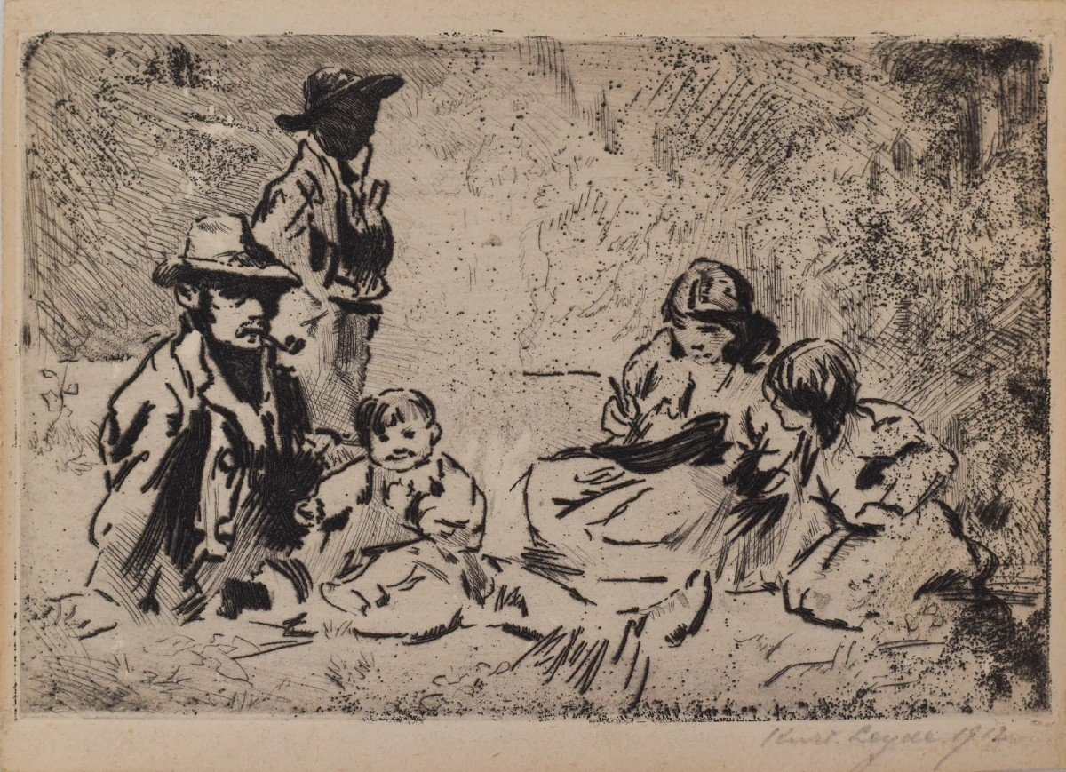 Two Figures In A Field With Children - In On Paper