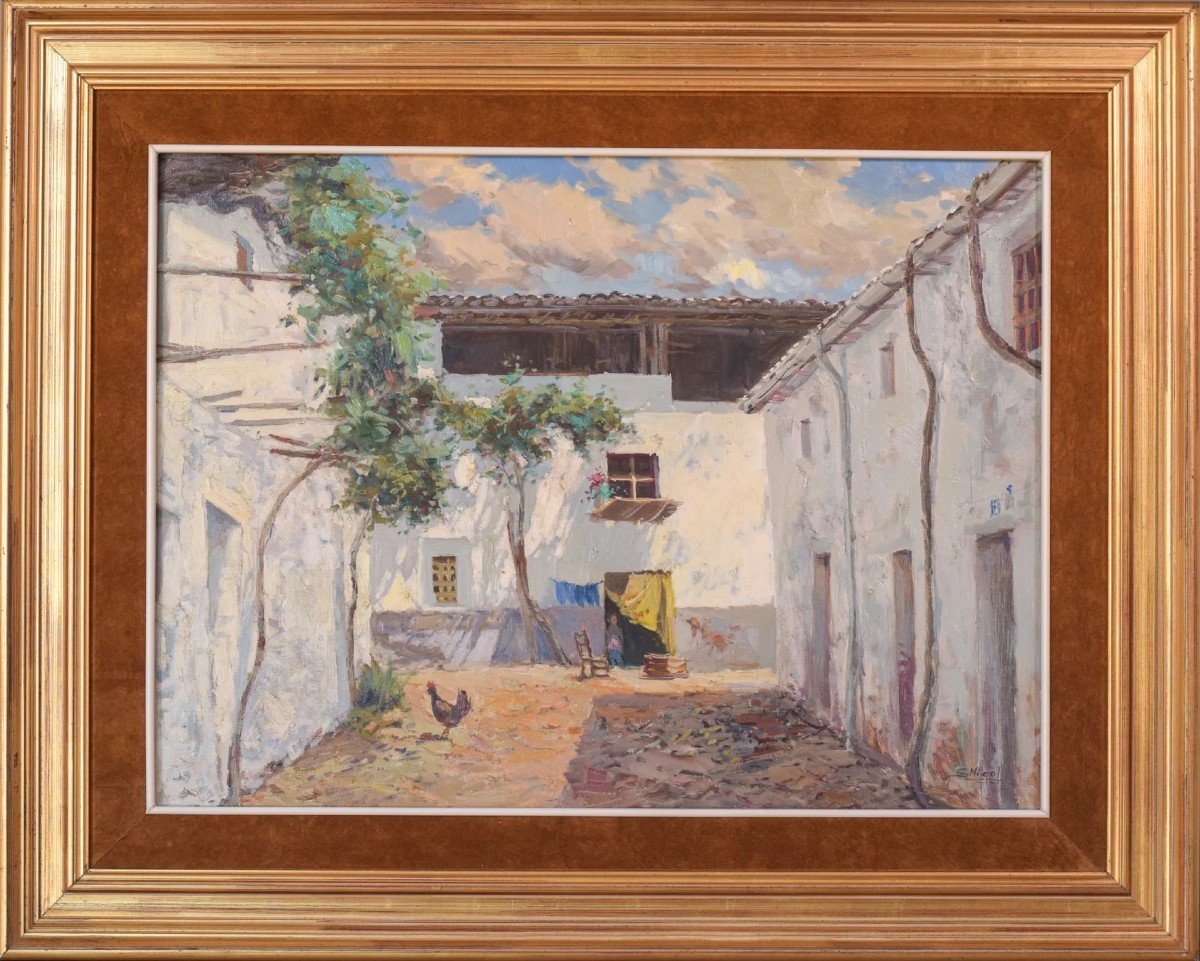 Large - Spanish Courtyard Scene With Cockerel-photo-2