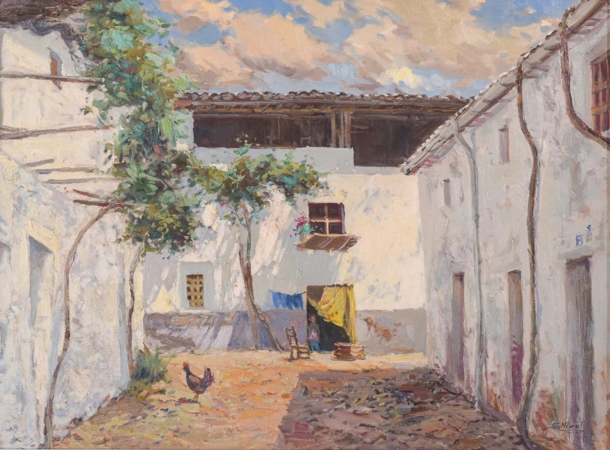 Large - Spanish Courtyard Scene With Cockerel