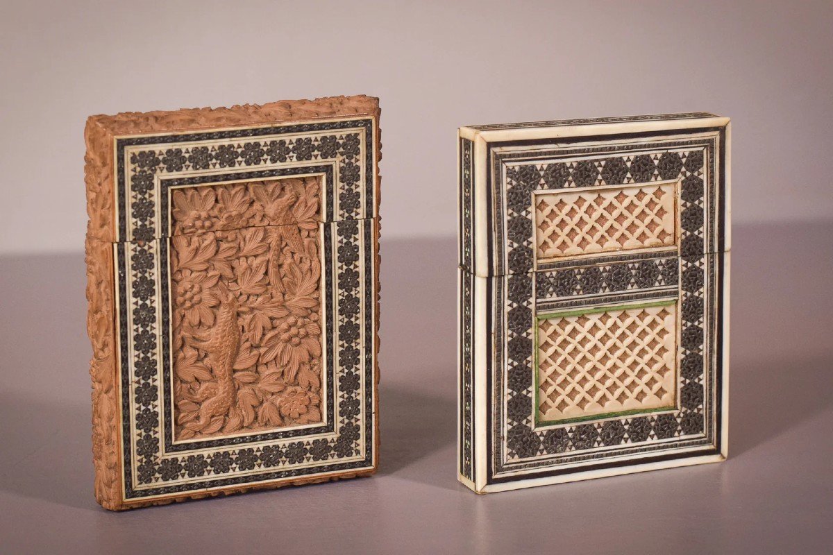 Two 19c Anglo Indian Sadeli Mosaic Greeting Card Cases-photo-2