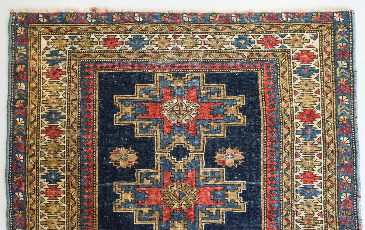 Handwoven Antique - Blue Ground Persian Rug With Bird-like Figures-photo-2