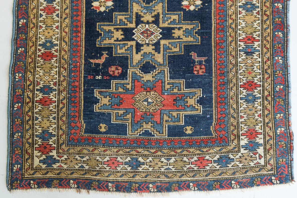 Handwoven Antique - Blue Ground Persian Rug With Bird-like Figures-photo-4