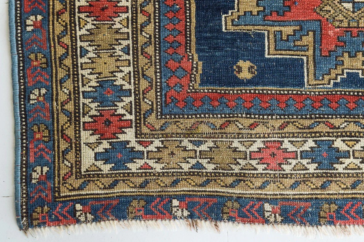 Handwoven Antique - Blue Ground Persian Rug With Bird-like Figures-photo-3