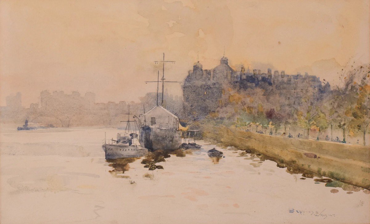 Aquarelle Impressionniste - 'off Temple Pier', Londres