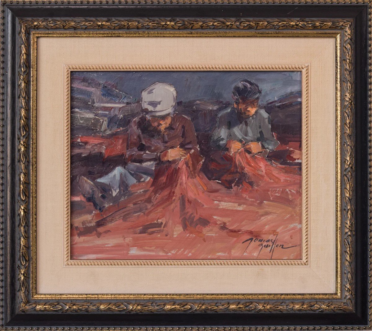 Post Impressionist Study Of Fishermen Repairing Nets - Albert Tomás Guillén-photo-2