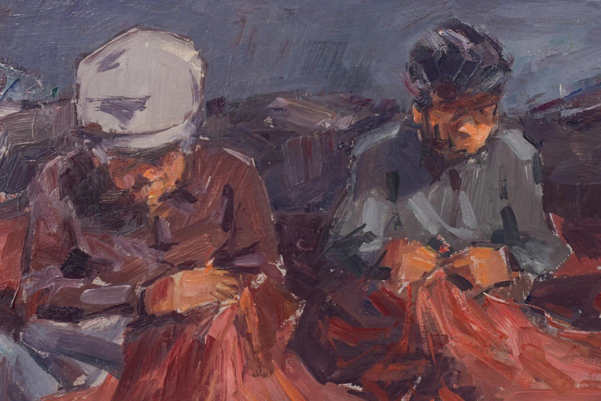 Post Impressionist Study Of Fishermen Repairing Nets - Albert Tomás Guillén-photo-3