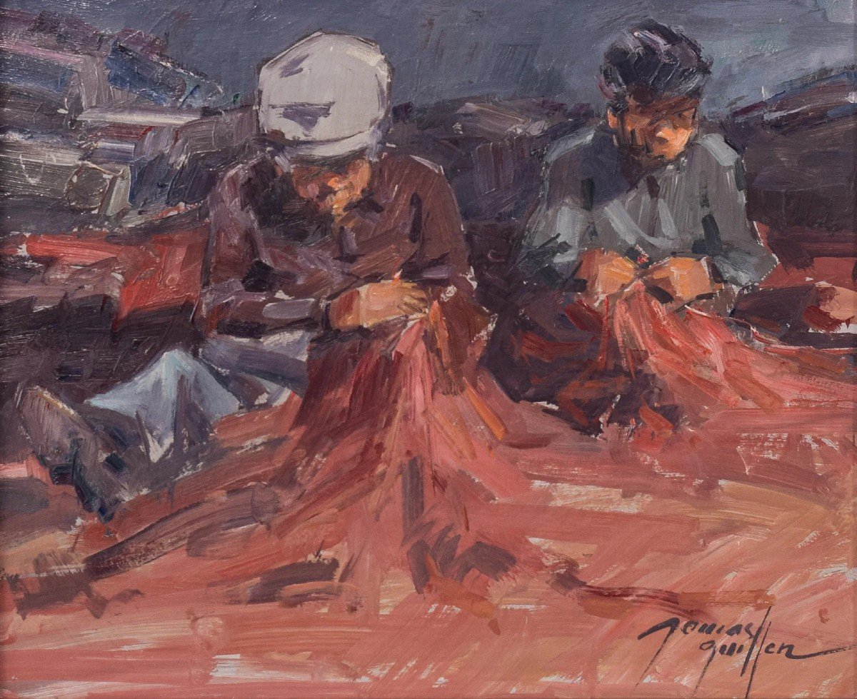 Post Impressionist Study Of Fishermen Repairing Nets - Albert Tomás Guillén