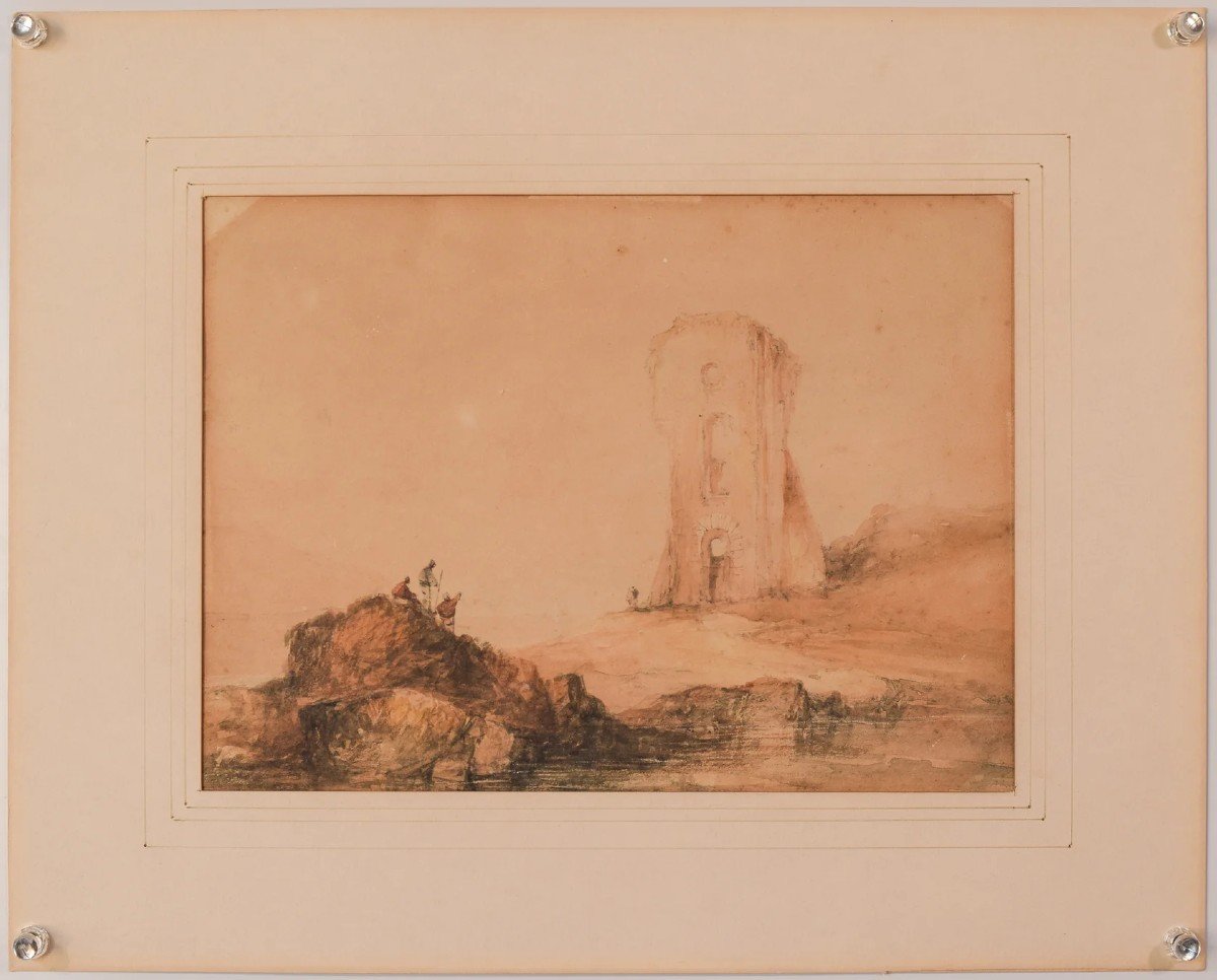 19th Century Watercolour - Figures And Tower-photo-2