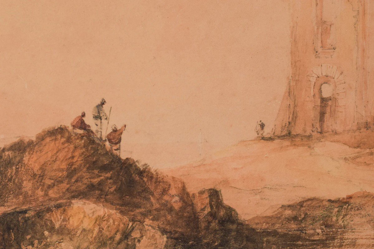 19th Century Watercolour - Figures And Tower-photo-3