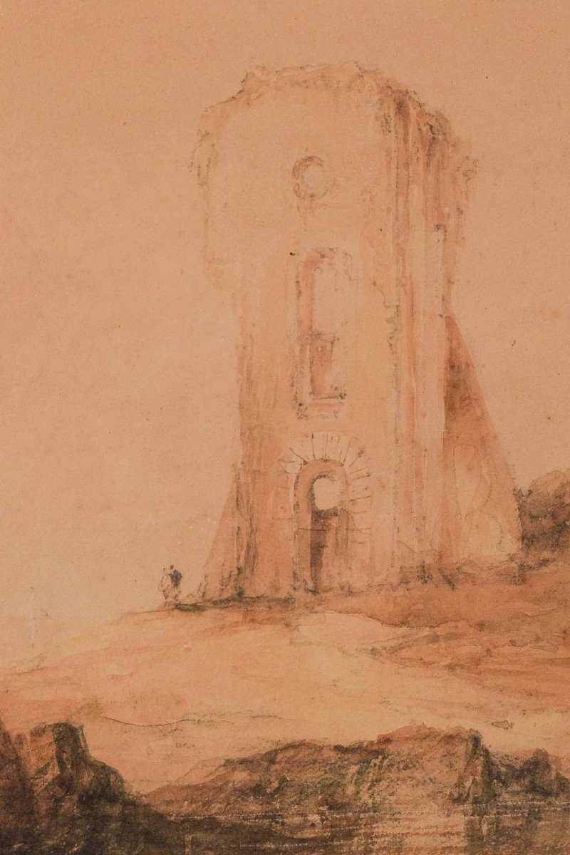 19th Century Watercolour - Figures And Tower-photo-4