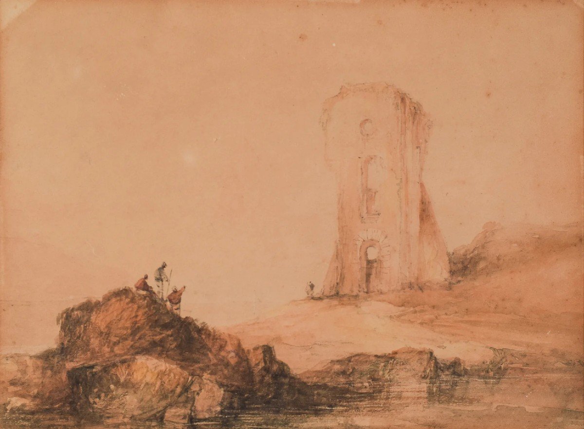 19th Century Watercolour - Figures And Tower