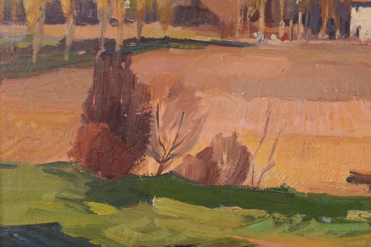 Autumnal Village And Meadow - Oil On Board-photo-2