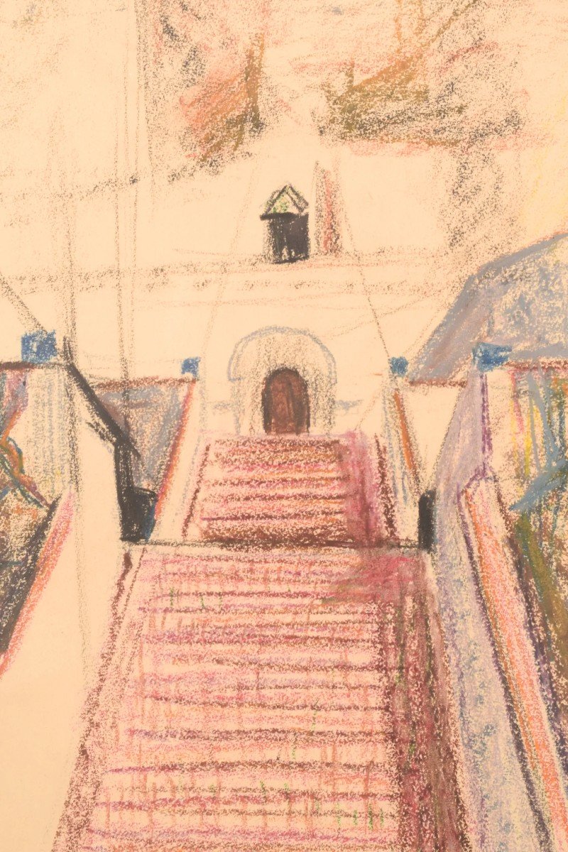 Moderniste - Dessin En Couleur d'Une église Et d'Un Escalier-photo-3