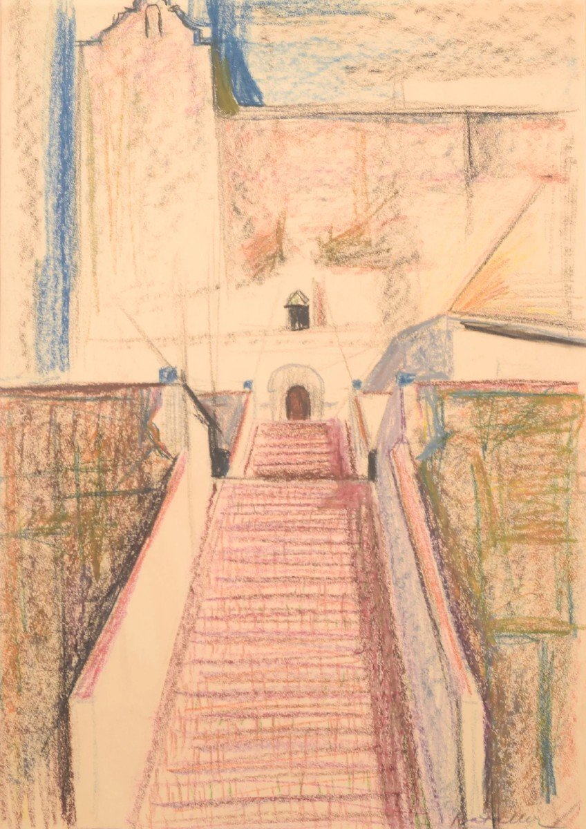 Moderniste - Dessin En Couleur d'Une église Et d'Un Escalier