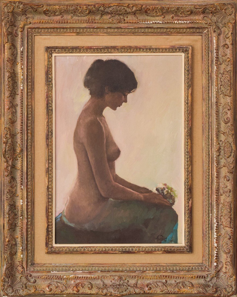 Female Nude Study With Bouquet Of Flowers - Oil Painting-photo-2