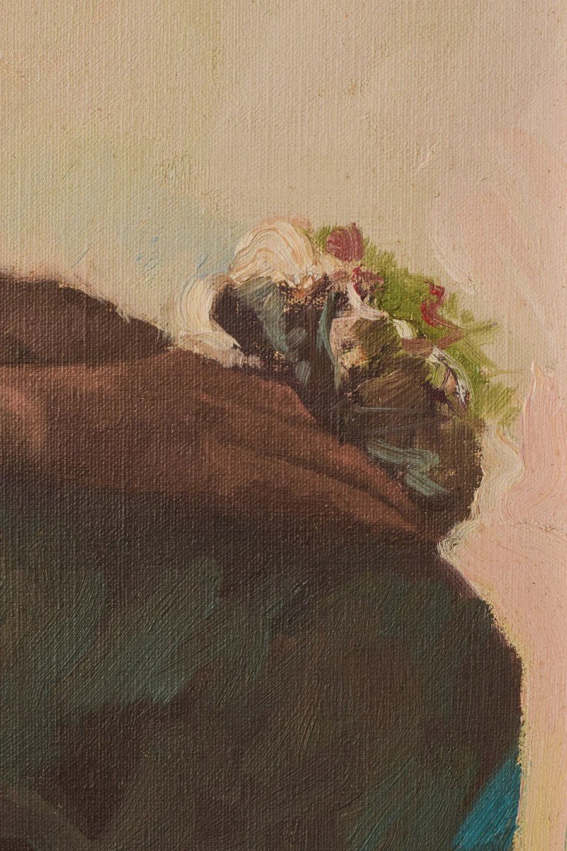 étude De Nu Féminin Avec Bouquet De Fleurs - Peinture à l'Huile-photo-3