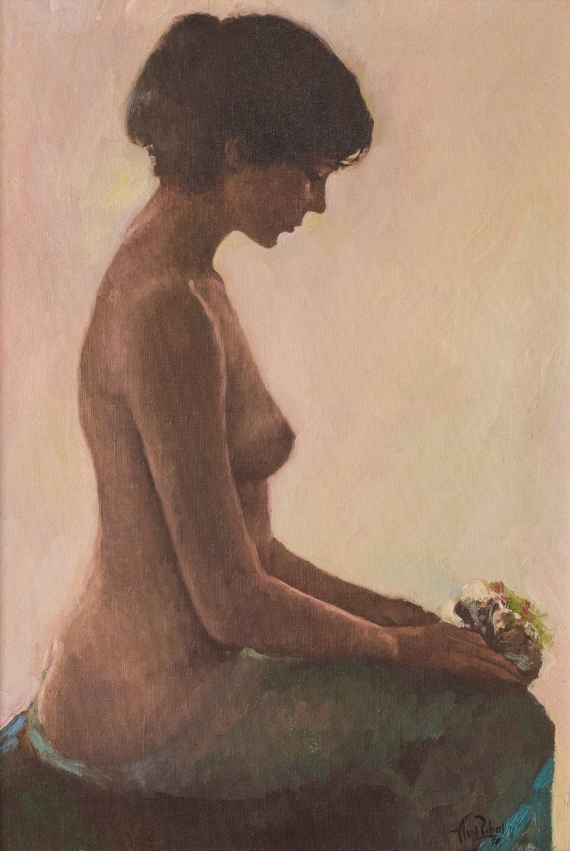 étude De Nu Féminin Avec Bouquet De Fleurs - Peinture à l'Huile