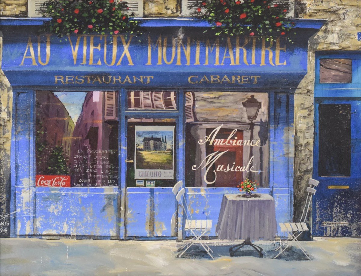 Paris Cafe 'au Vieux Montmartre' - Oil On Canvas-photo-2