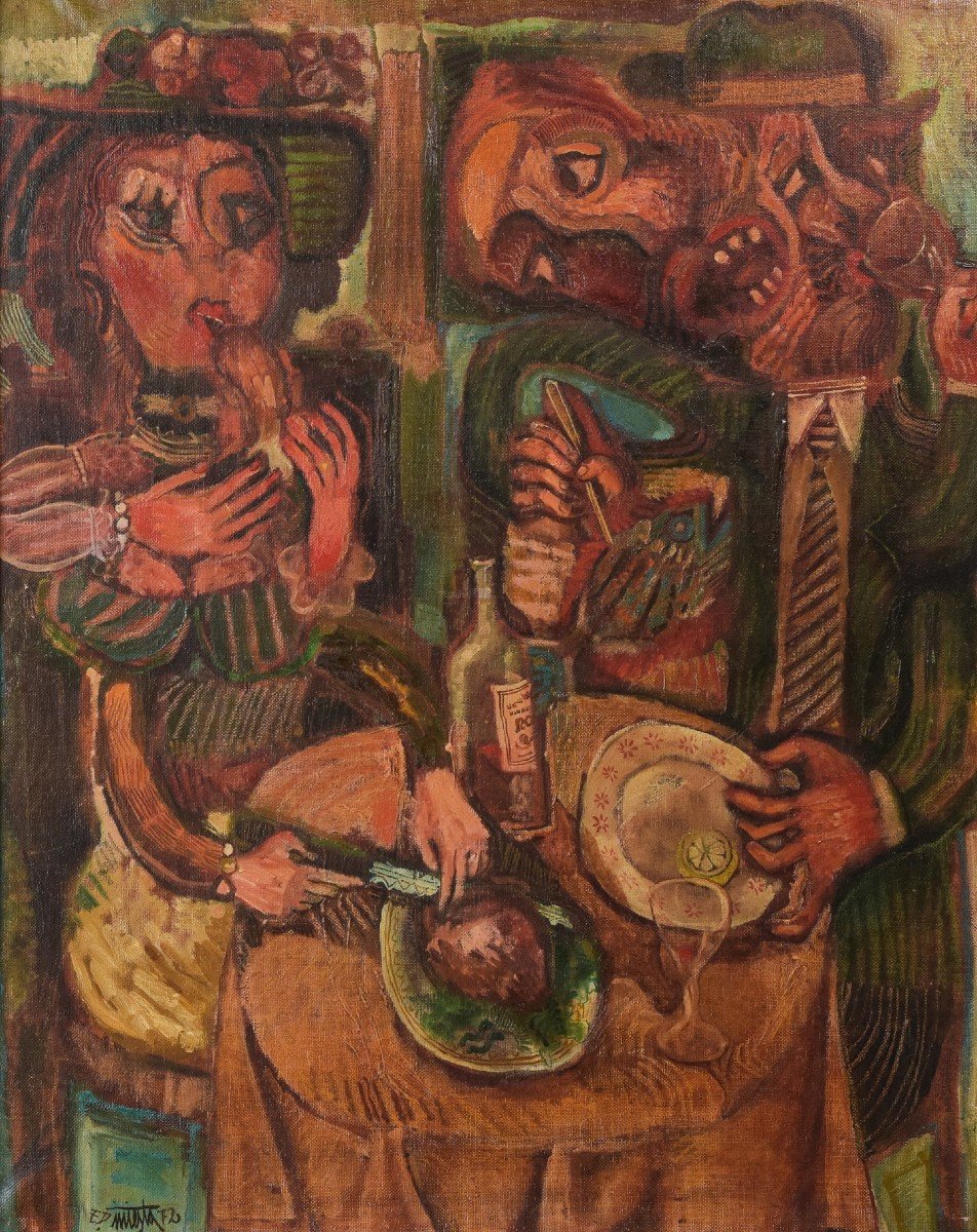 Couple Having Lunch - Oil On Canvas